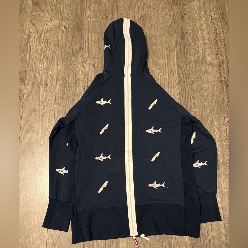 Thom Browne Navy and White Shark Zip Hoodie image 3